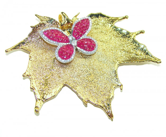 Rain Drop REAL Leaf dipped in Sterling Silver and 14K Ruby & .925 Sterling Silver Pendant - Gold leaf with ruby butterfly pendant, top view.