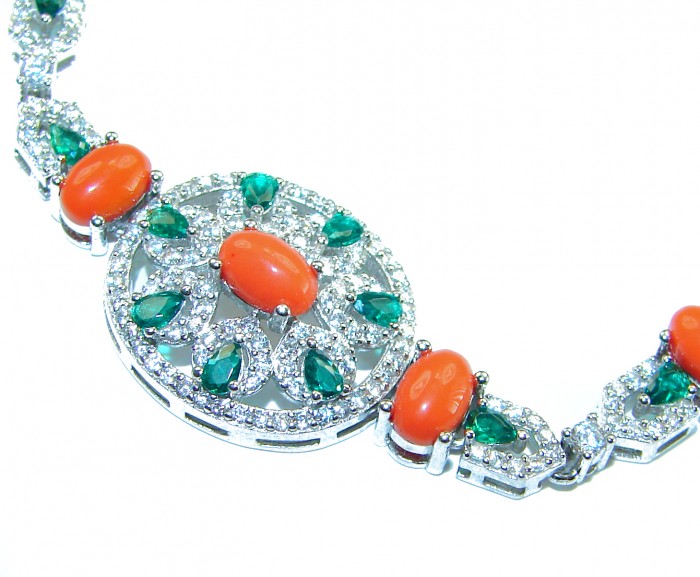 Serenity - 72.5 carat genuine Coral Emerald .925 Sterling Silver handmade Statement Bracelet - Close-up of Serenity Coral Emerald bracelet stones and setting design.