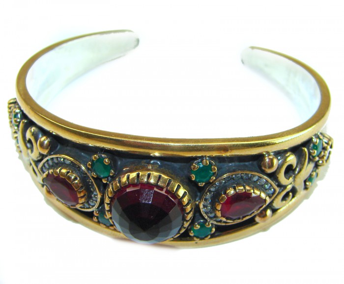 Victorian Style 22.5 carat Ruby & White Topaz .925 Sterling Silver Bracelet / Cuff - Victorian style bracelet with rubies and topaz, front view.
