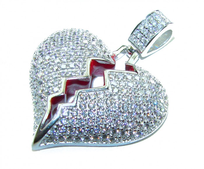 Broken Heart Luxurious 12.4 carat White Topaz .925 Sterling Silver handcrafted pendant - Broken Heart pendant, side view, encrusted with white topaz on sterling silver