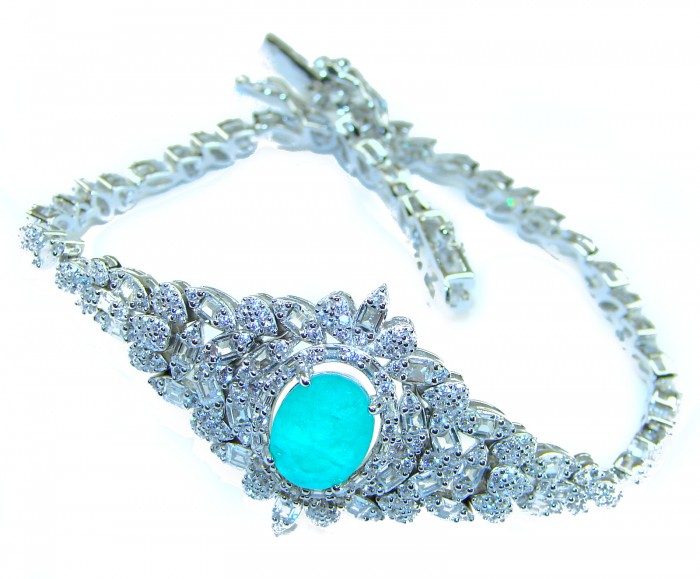 Gabriella 10.2 carat authentic Emerald rhodium over .925 Sterling Silver handcrafted Statement bracelet - Emerald bracelet with diamonds, top view, showing gemstone and design.