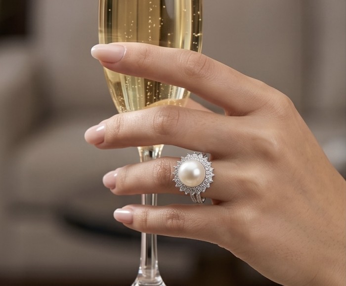 Authentic rare Pearl .925 Sterling Silver handcrafted ring; s. 8 1/4 - Pearl ring worn on hand holding a champagne glass.