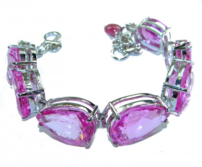 Tiffany - Magnificent Pink 125.5 carat Pink Sapphire .925 Sterling Silver handcrafted Heavy Bracelet - Bracelet with pink sapphires and silver setting, top view.