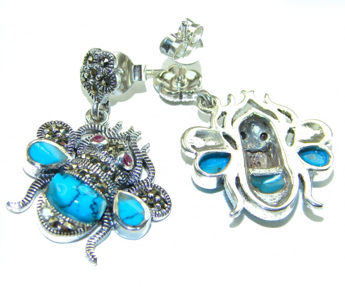 Blue Bees inlay Turquoise Ruby Marcasite .925 Sterling Silver Handcrafted earrings - Blue bee earrings with turquoise, ruby, marcasite, front and back views.