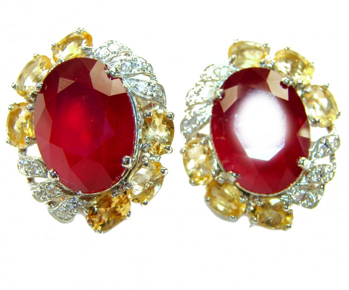 Black Lable Collection - Blooming Roses Authentic 28.9 carat Mozambique Ruby Rhodium over .925 Sterling Silver brilliantly handcrafted earrings - Close-up of Blooming Roses 28.9 carat red gemstone earrings