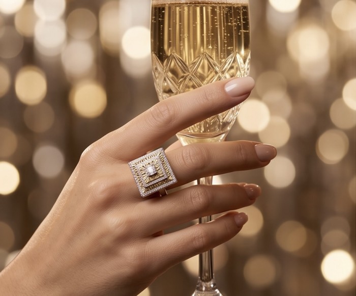 Art Deco 2.2 carat White Topaz 14K Gold over .925 Silver handcrafted Cocktail Ring s. 6 - Art Deco ring with white topaz and gold, worn on hand holding champagne.
