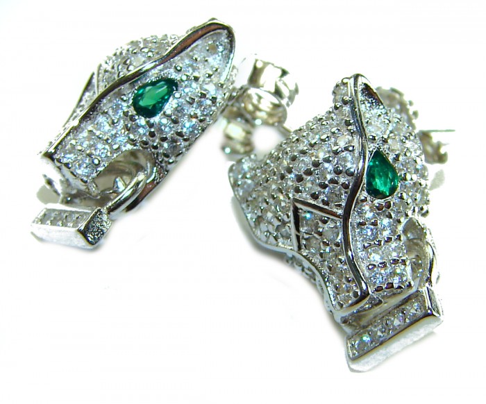 Precious Cheetah 0.4 carat Emerald White Sapphire .925 Sterling Silver earrings - Cheetah earrings with emerald eyes, front angle, intricate gem detail.