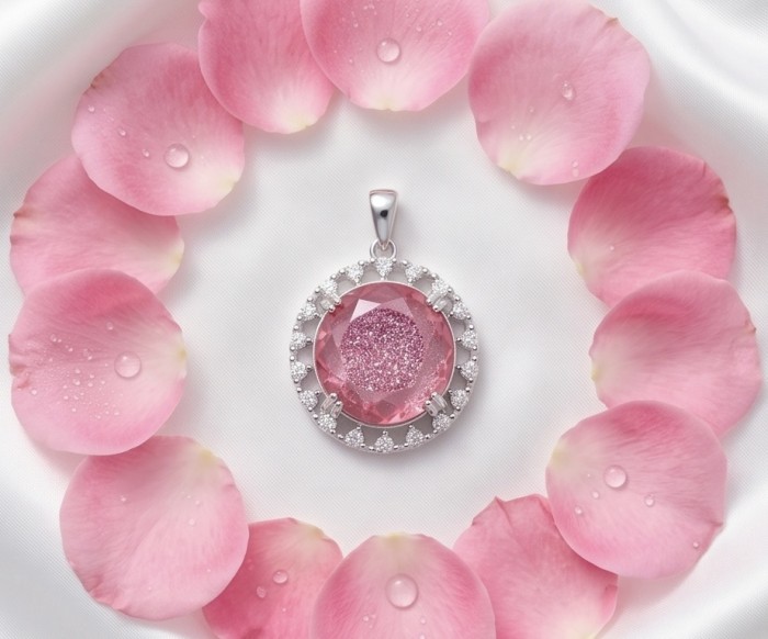 Emily 5.8 carat Brazilian Watermelon Tourmaline .925 Sterling Silver Handcrafted handmade Pendant - Pink tourmaline pendant with petals, top view close-up.