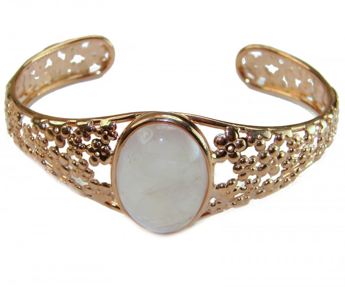Vintage Beauty Genuine 20.5 carat Brazilian Rose Quartz Rose quartz 18K Gold over .925 Sterling Silver handcrafted Bracelet / Cuff - Vintage bracelet with rose quartz, front angle view.
