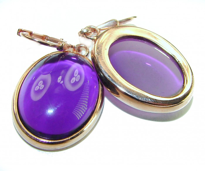Lavender Beauty authentic 10.2 carat Amethyst 14K Gold over .925 Sterling Silver handcrafted earrings - Close-up of lavender amethyst earrings with 14K gold setting.