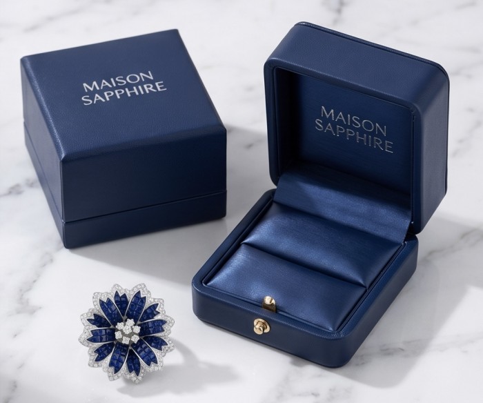 Born to Glam mystery setting 12.2 carat natural Sapphire .925 Sterling Silver Perfectly handcrafted Ring s. 8 - Jewelry box with sapphire ring, top view on marble background.