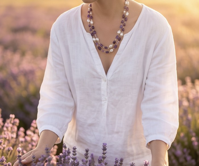 Giovanna - Top quality Natural Amethyst Mother of Pearl .925 Sterling Silver handcrafted 34 inches necklace - Woman wearing Giovanna necklace in lavender field, upper body view