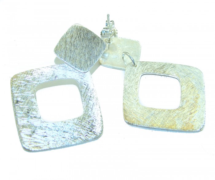 Fancy .925 Sterling Silver Italy made Earrings - Close-up of sterling silver square earrings showing texture detail.