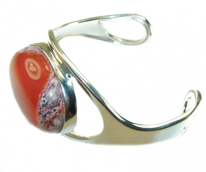 Simplicity 85.5 carat Genuine Mexican Fire Opal handcrafted .925 Sterling Silver Bracelet / Cuff - Side view of silver bracelet with large Mexican Fire Opal stone.