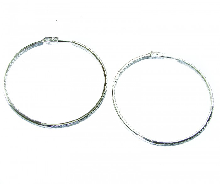 UNIQUE 2 inches long WHITE SAPPHIRE .925 Sterling Silver handmade Hoop Earrings - Pair of 2" sapphire hoop earrings, sterling silver, full view.
