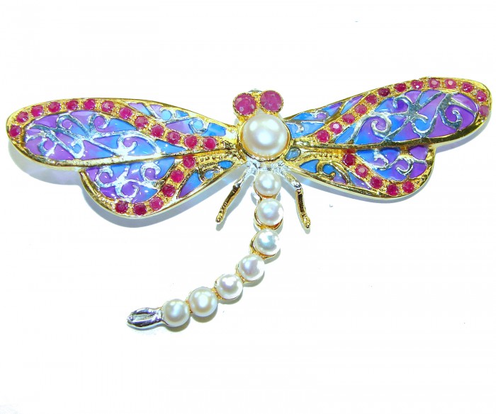 Big Dragonfly Pearl Enamel 18K Gold over .925 Sterling Silver handcrafted Pendant Brooch - Dragonfly brooch, top view, pearl body, colorful enamel wings, gold accents.