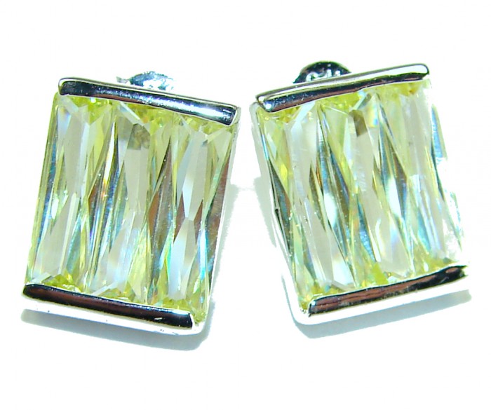 Cubic Zirconia .925 Sterling Silver handmade earrings - Rectangular cubic zirconia earrings, close-up view.