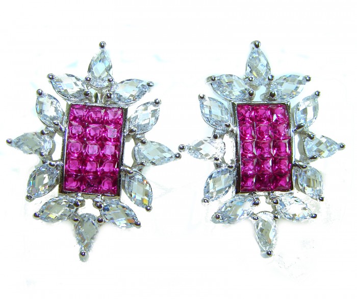 Precious - Art Deco 12.2 carat Ruby .925 Sterling Silver handmade earrings - Front view of Art Deco ruby and silver earrings with clear stone accents.