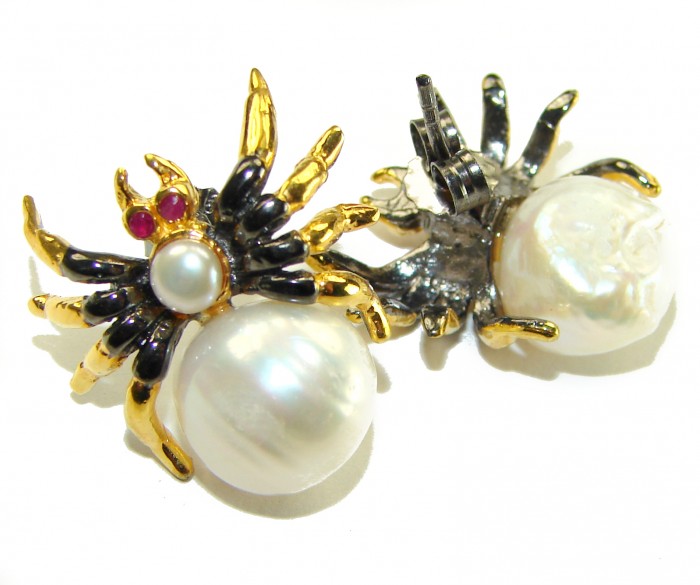 Spider Genuine Pearl 14K Gold rhodium over .925 Sterling Silver handcrafted Statement Earrings - Spider pearl earrings, front view, 14K gold over sterling silver.