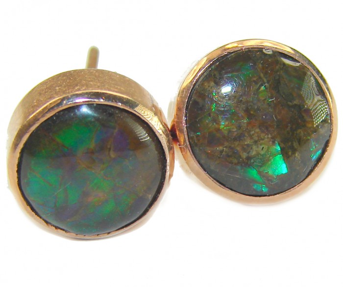 Sublime Aura Canadian Fire Ammolite 14K Gold over .925 Sterling Silver handmade earrings - Close-up of Canadian Fire Ammolite earrings in gold setting.