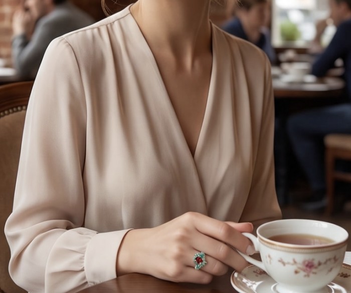 Scarlett's Heart 1.7 ctw Mozambique Ruby .925 Sterling Silver handcrafted Statement Ring size 6 - Ruby ring worn on hand while holding a teacup in a cafe setting.