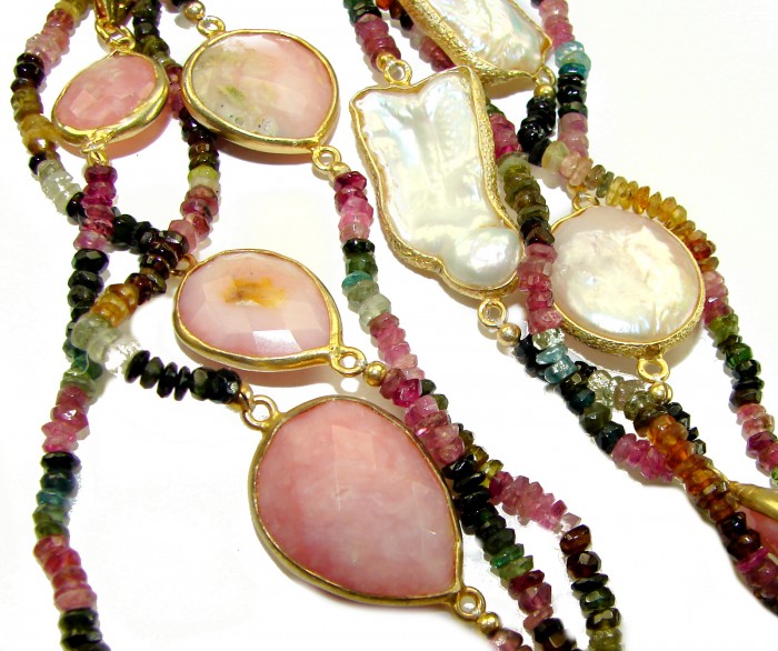 Infinity authentic 55.5 carat Pink Opal Brazilian Tourmaline .925 Sterling Silver handcrafted Station necklace; 44 inches - Pink Opal and Tourmaline necklace, close-up of stones and details.