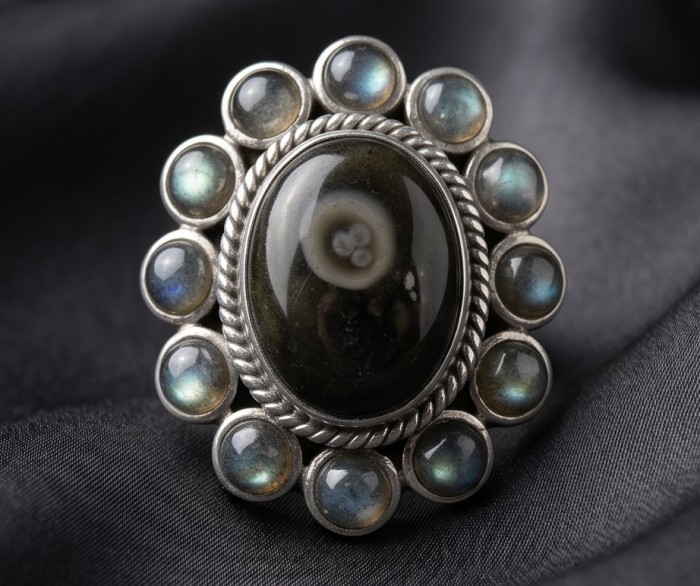 Shimmering Natural Labradorite .925 Sterling Silver handcrafted Large ring size 9 - Close-up of shimmering labradorite ring in sterling silver setting