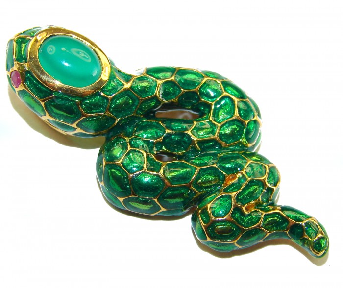 INCREDIBLE Natural Emerald Enamel Snake 14K Gold over .925 Sterling Silver Pendant - Top view of emerald enamel snake brooch with gold detailing
