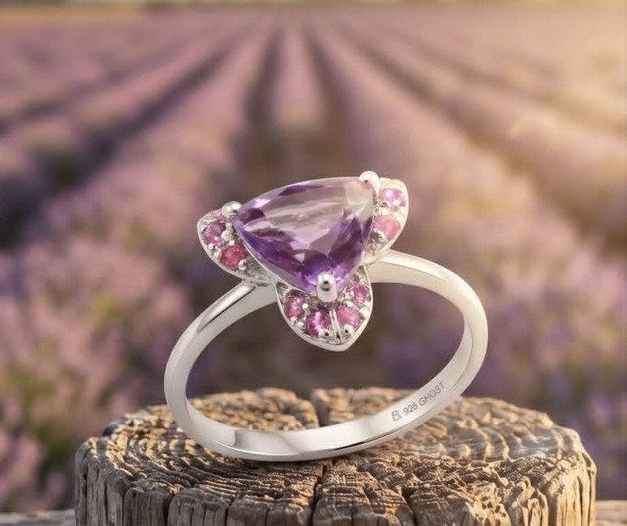 Purple Queen trillion cut 3.9 carat Amethyst .925 Sterling Silver Handcrafted Ring size 8 - Amethyst ring on wood, close-up, purple gems, lavender field background.