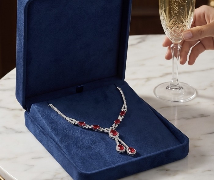 Royalty 12.2 carat Ruby .925 Sterling Silver .925 Sterling Silver Statement Necklace - Ruby necklace in blue box with champagne glass on marble table.