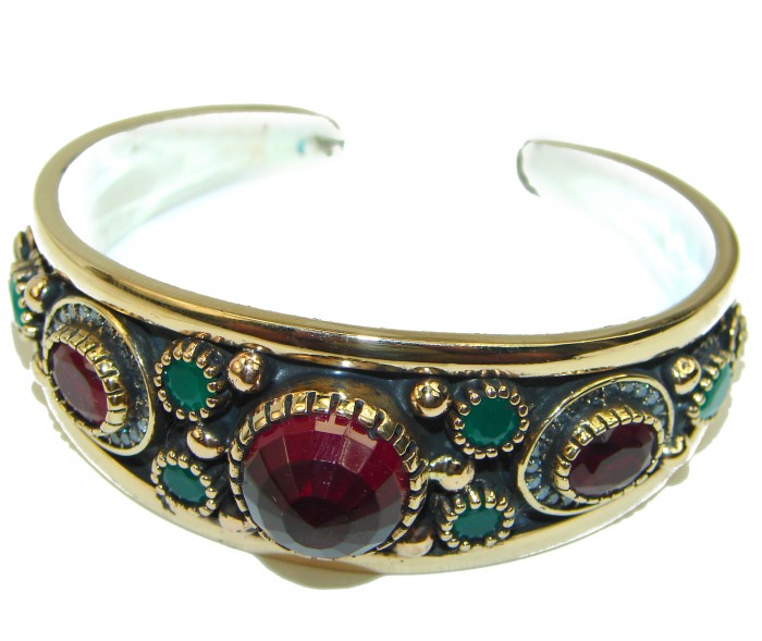 Victorian Style Created Ruby & White Topaz Sterling Silver Bracelet / Cuff - photo 1