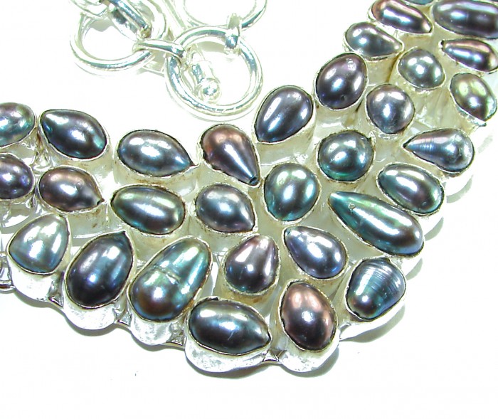 HUGE 102.5 grams genuine Rainbow Mothet of Pearl .925 Sterling Silver handcrafted Necklace - HUGE 102.5g rainbow pearl necklace, stone close-up, silver setting.