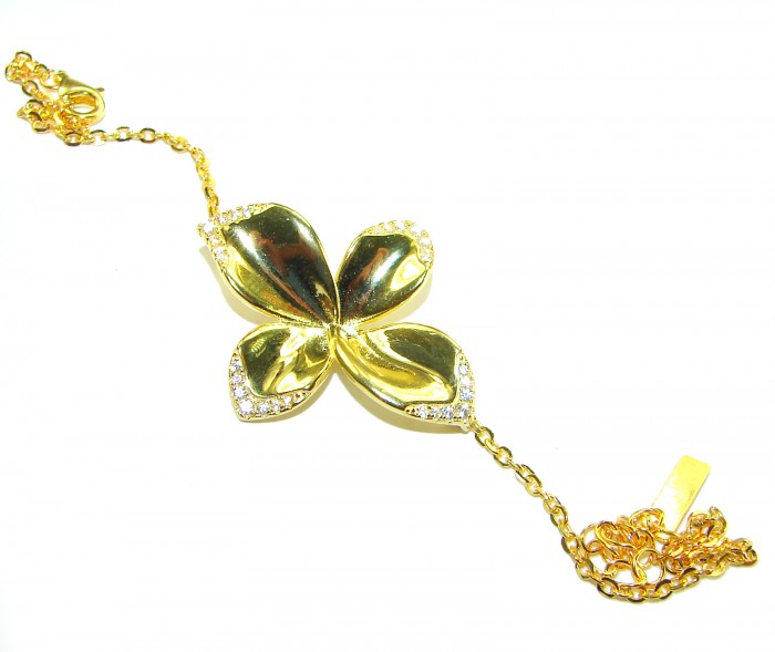 Lotus flower White Topaz highly polished 18K Gold over .925 Sterling Silver Italy made bracelet - Lotus flower bracelet, top view, gold over .925, with white topaz accents