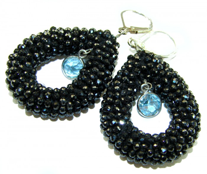 Spiritual Rebirth Precious genuine 29.7 CARAT Black Spinel .925 Sterling Silver STATAMENT earrings - Close-up of black spinel earrings with blue gemstone accents
