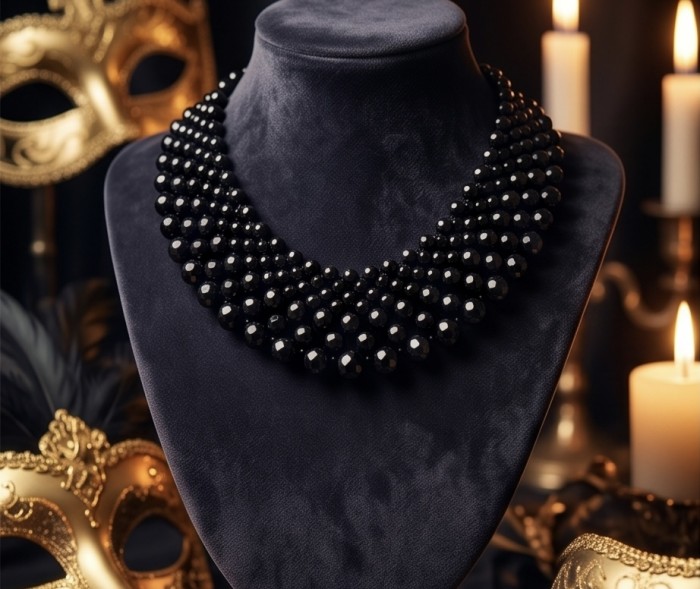 Rachel 250 carat Authentic Onyx .925 Sterling Silver handmade Necklace - Rachel 250 carat Onyx necklace front view with golden masks and candles