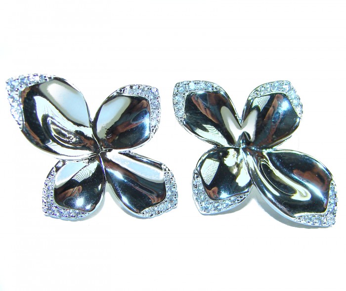 Lotus flower White Topaz highly polished Rhodium over .925 Sterling Silver Italy made Earrings - photo 2