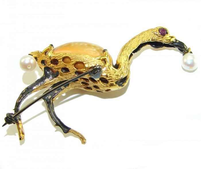 Colorful Precious Heron Natural Sea Shell 2 tones .925 Sterling Silver Brooch - Side view of colorful heron brooch with pearls and gemstone accent.