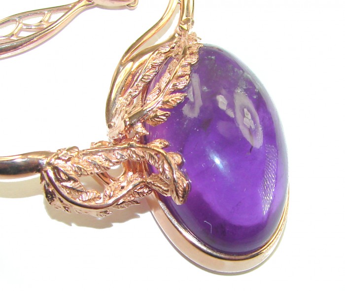 Purple Rose authentic 39.8 carat authentic Amethyst 14K ROSE Gold over .925 Sterling Silver handcrafted Station necklace - Close-up of 39.8 carat amethyst pendant with 14K rose gold leaf design.