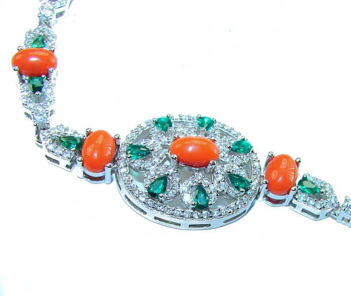 Serenity 42.5 carat genuine Coral Emerald .925 Sterling Silver handmade Statement Bracelet - Close-up of Serenity coral and emerald bracelet on white background