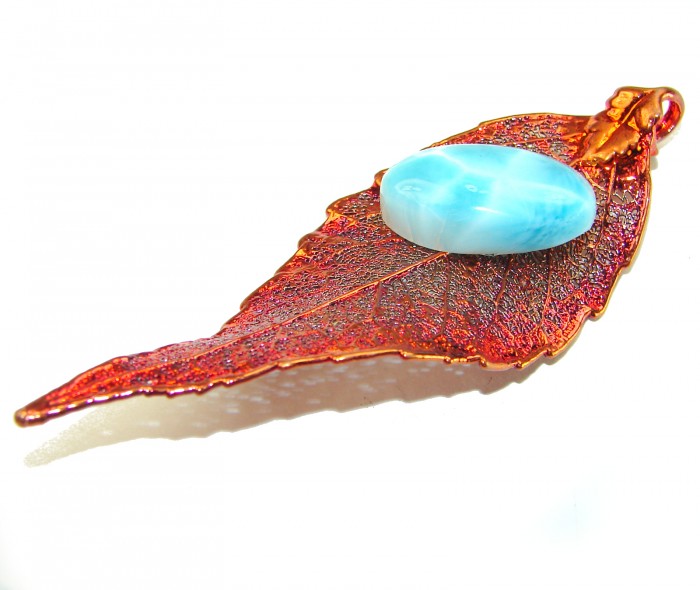 Rain Drop REAL Leaf dipped in copper Genuine 12.2 carat Larimar & .925 Sterling Silver Pendant - Copper-dipped leaf pendant with blue stone, top view.