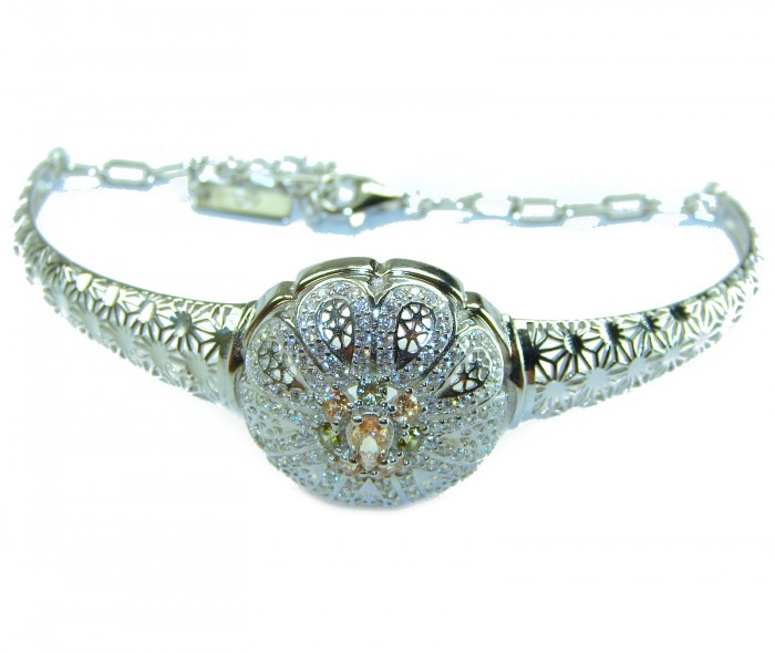 Casablanca - authentic 3.2 carat White topaz .925 Sterling Silver Bracelet - Intricate silver bracelet with center design, front view.