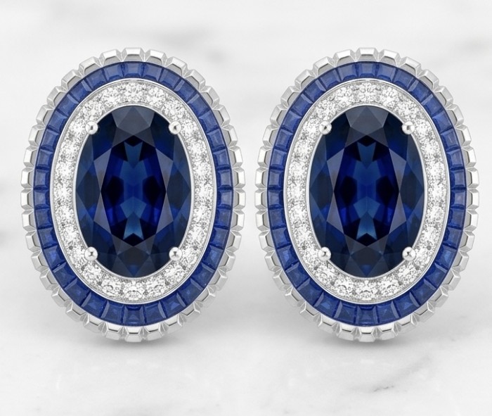 Art Deco - Incredible genuine 10.5 CARAT Sapphire .925 Sterling Silver handcrafted Earrings - Front view of Art Deco sapphire earrings with diamond accents.