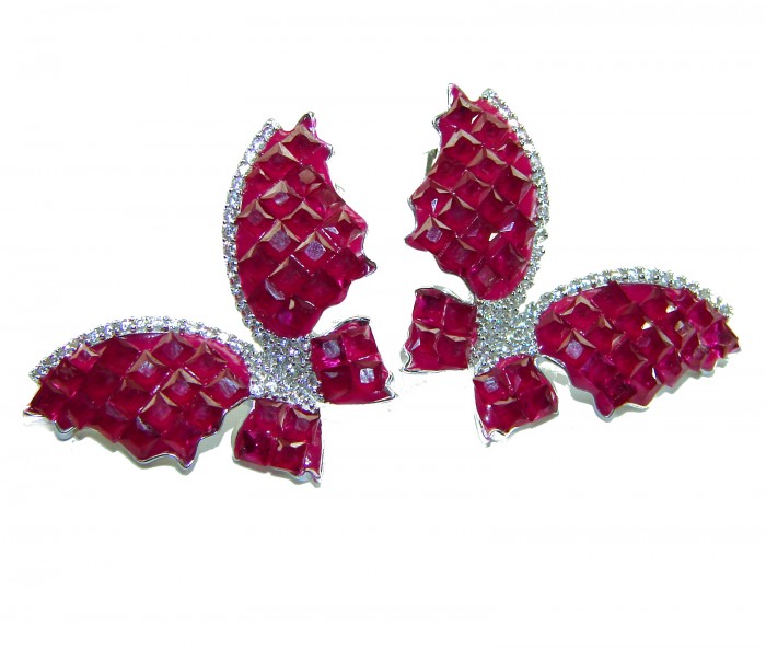 Real Beauty natural 14.2 carat Ruby Butterflies .925 Sterling Silver handcrafted earrings - Ruby butterfly earrings front view with .925 sterling detailing.