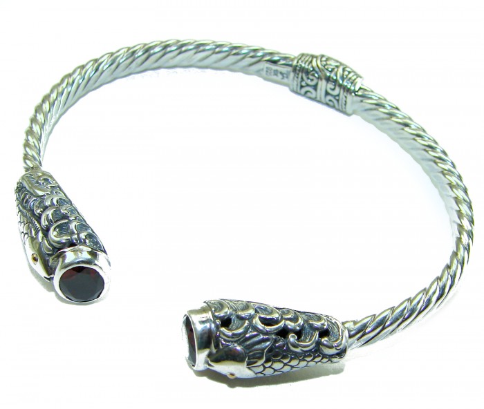 Two Fishes 5.5 carat Mozambique Garnet .925 Sterling Silver handcrafted Statement Bracelet / Cuff - 5.5 ct Mozambique Garnet Fish Bracelet .925 Silver, side view