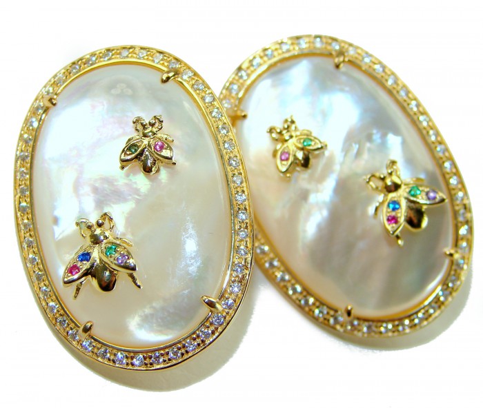 Genuine Blister Pearl lab grown Diamond 18K Gold over .925 Sterling Silver handcrafted Large Statement Earrings - Gold and pearl earrings with bee accents, gemstone detail close-up