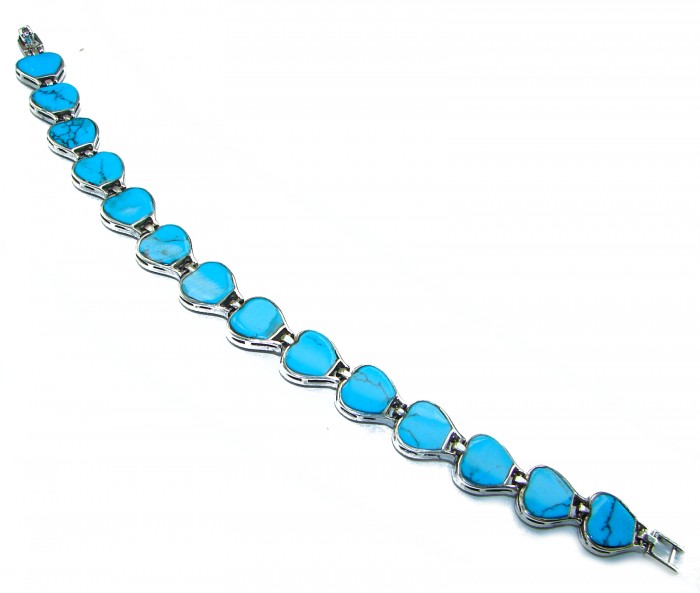 Fantastic inlay Turquoise Marcasite .925 Silver handmade double-sided Bracelet - Heart-shaped turquoise inlay bracelet in silver, top view.