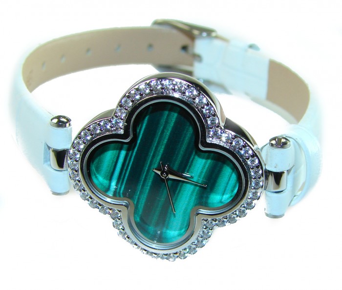 Precious 18.5 carat Authentic Four Leaf Clover Malachite Genuine Leather strap .925 Sterling Silver handmade Watch - photo 2