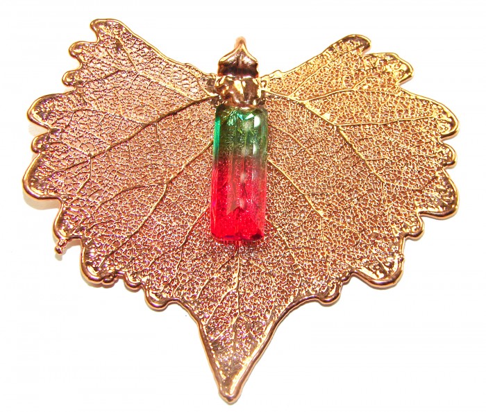 Stylish REAL Leaf Coved with Sterling Silver and 14K Gold 14.5 carat Tourmaline & .925 Sterling Silver Pendant - photo 1