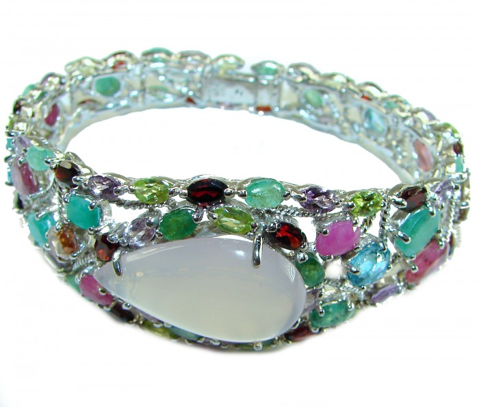 Marie Antoinette's STYLE authentic 52.5 carat Brazilian Rose Quartz .925 Sterling Silver handcrafted Statement Bracelet - Side view of multicolored gemstone bracelet with Brazilian Rose centerpiece.