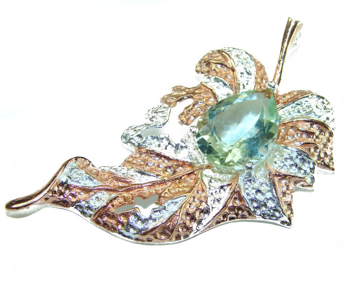 Precous Leaf Genuine Green Amethst 18K Gold over .925 Sterling Silver handcrafted Statement pendant - Leaf pendant with green amethyst, top view, detailed texture visible.